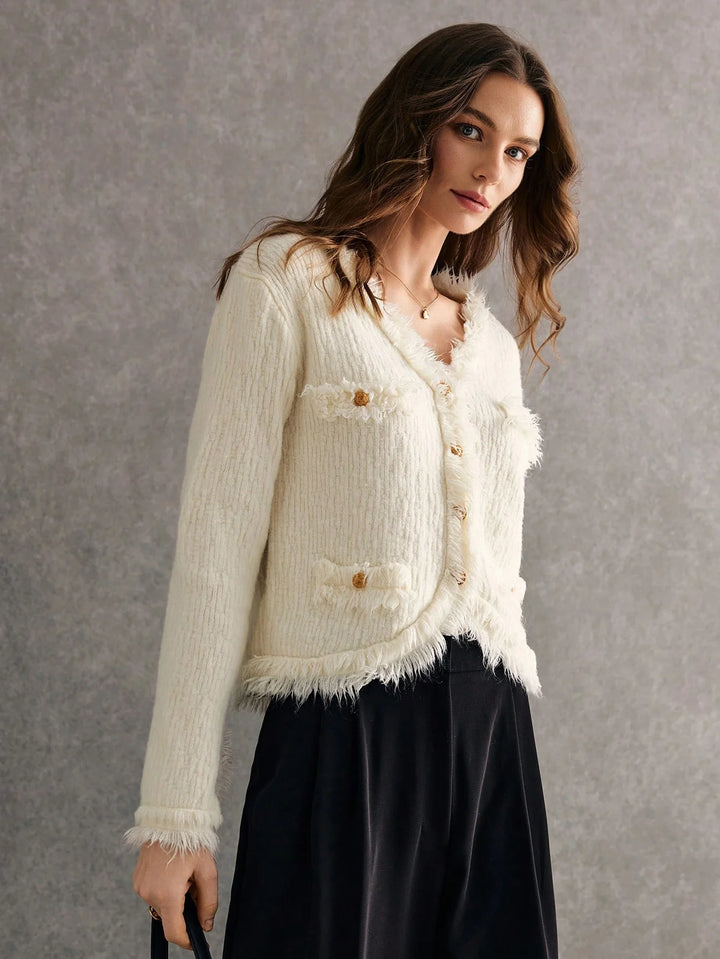 White Feather-Knit Textured Cardigan