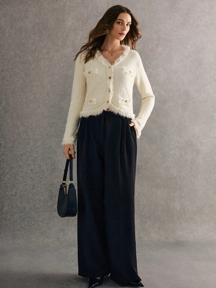 White Feather-Knit Textured Cardigan