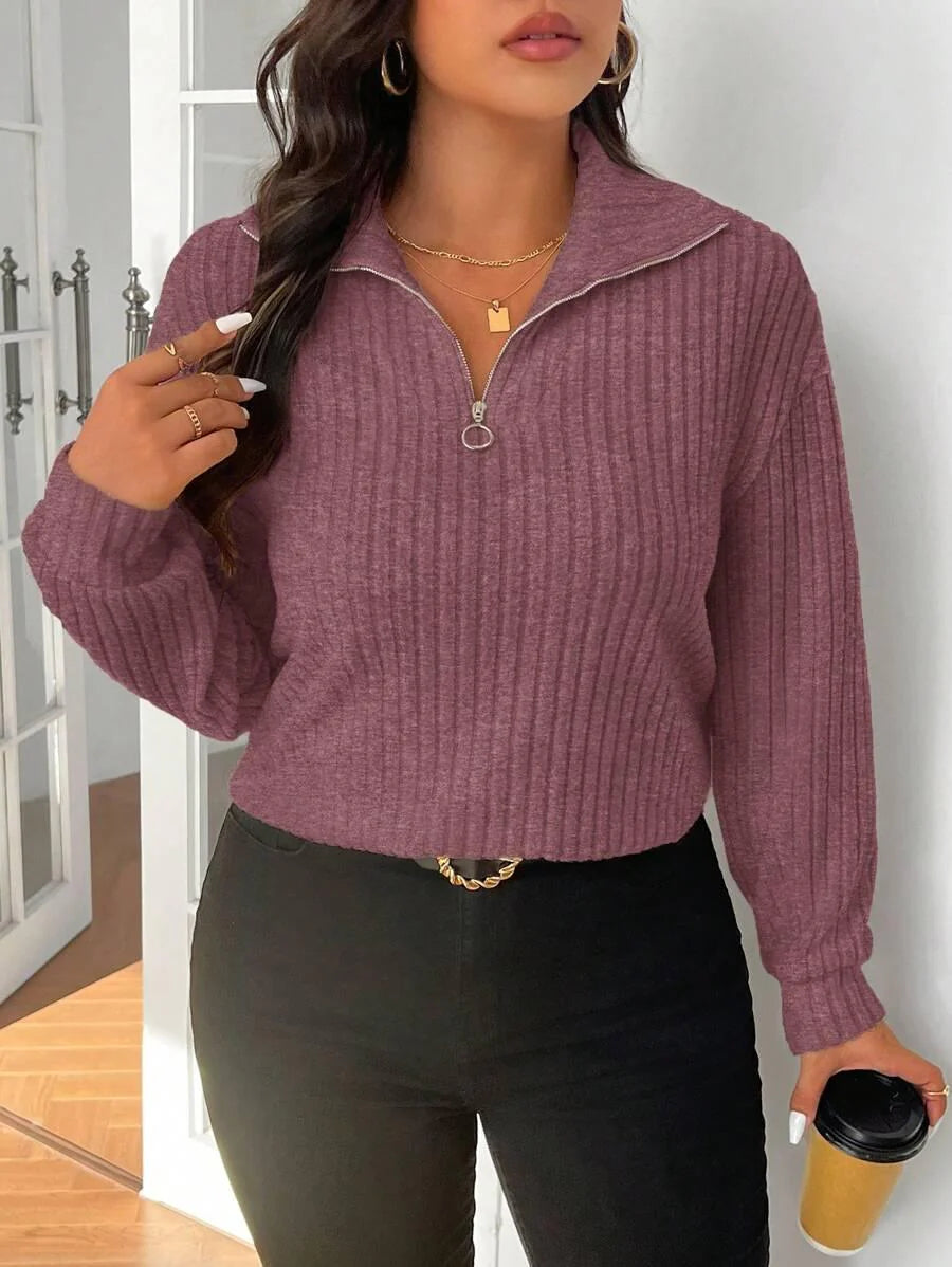 Plus Size Fuzzy Collar Quarter Zip Cozy Sweater