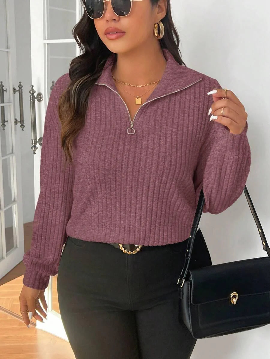 Plus Size Fuzzy Collar Quarter Zip Cozy Sweater