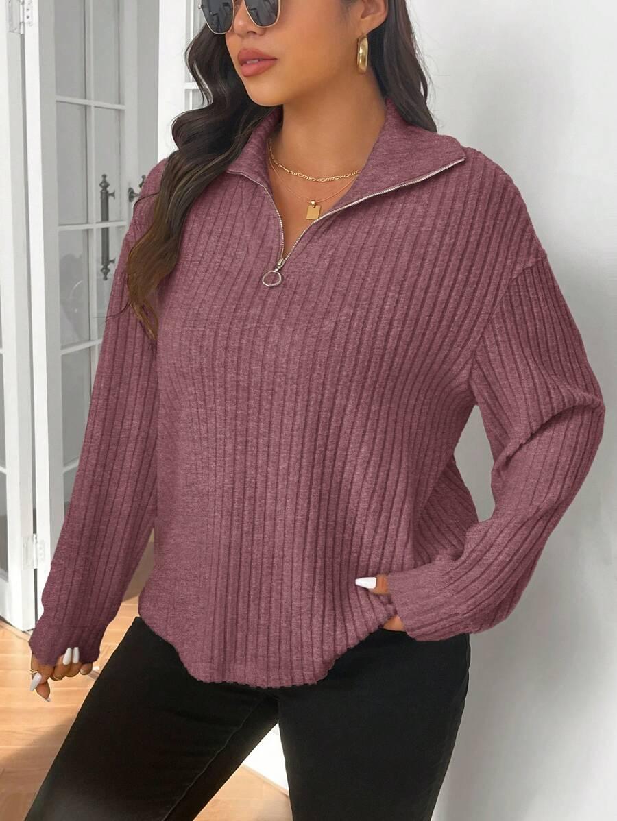 Plus Size Fuzzy Collar Quarter Zip Cozy Sweater