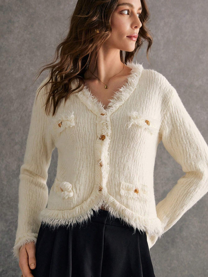 White Feather-Knit Textured Cardigan