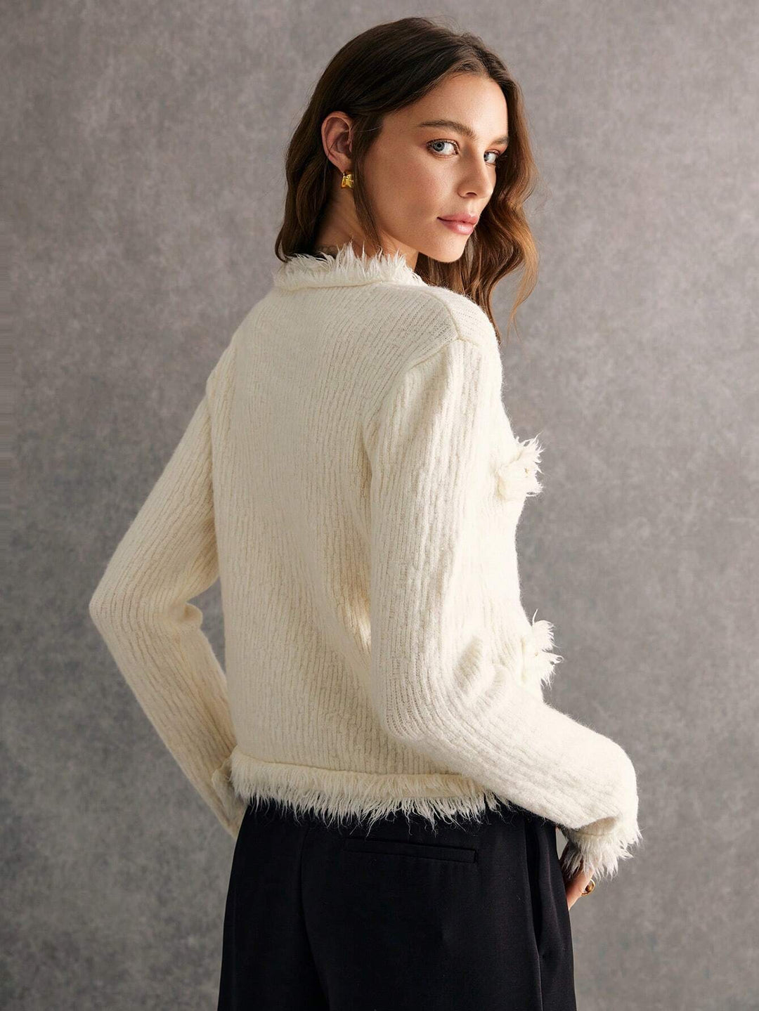 White Feather-Knit Textured Cardigan