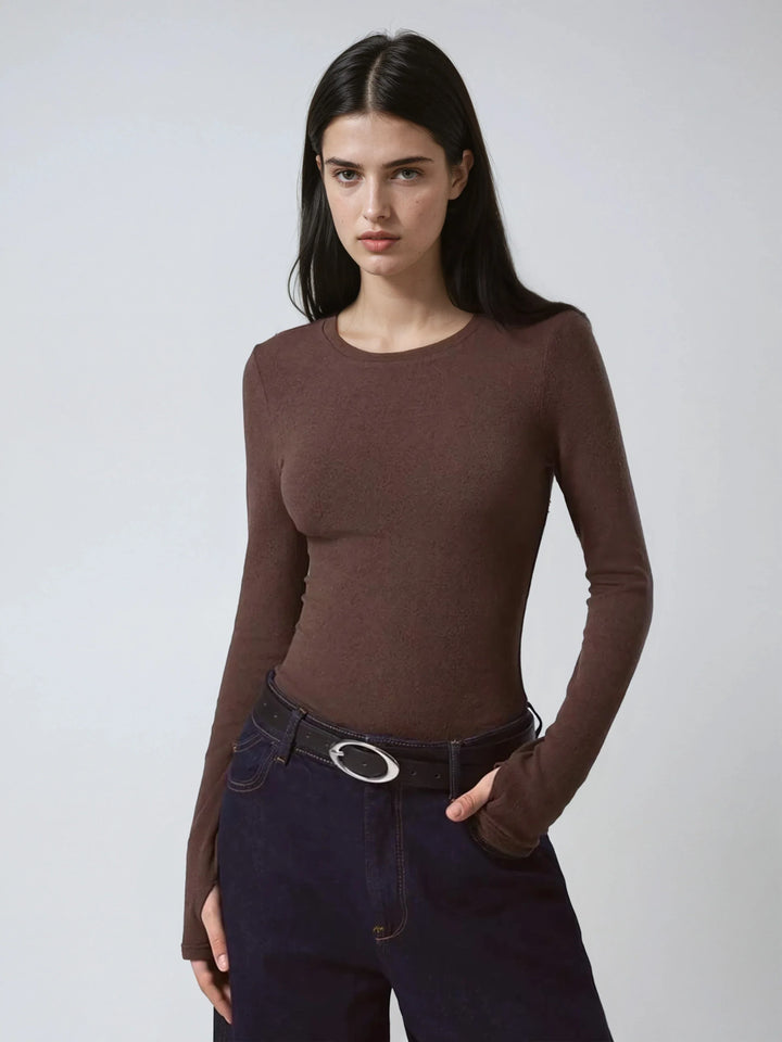Solid Color Long Sleeve Tee Fitted Casual Round Neck