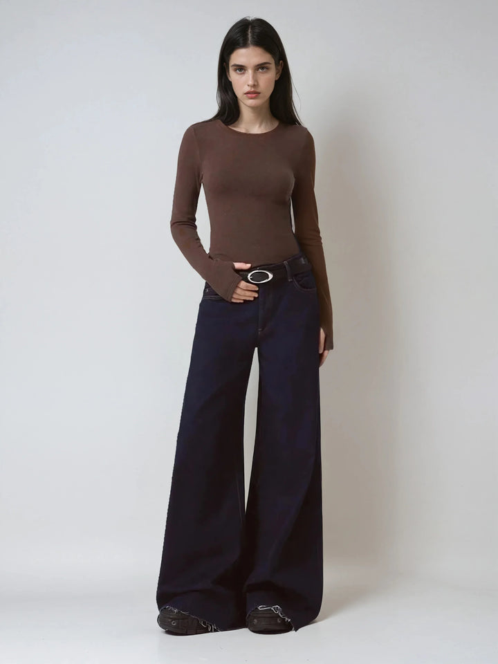 Solid Color Long Sleeve Tee Fitted Casual Round Neck