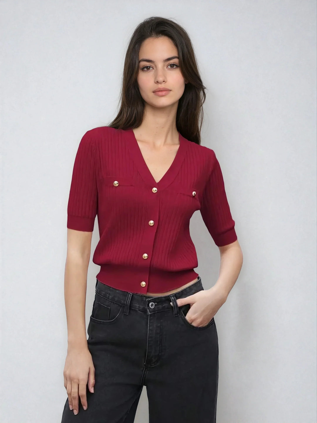 Chic V Neck Knit Sweater With Button Front Short Sleeve