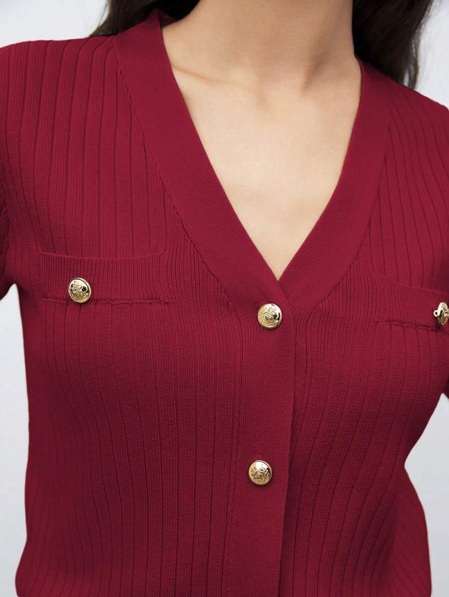 Chic V Neck Knit Sweater With Button Front Short Sleeve