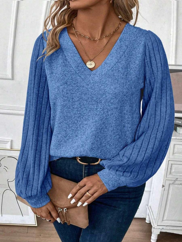 Plus Size V Neck T Shirt With Warm Lining And Bishop Sleeve