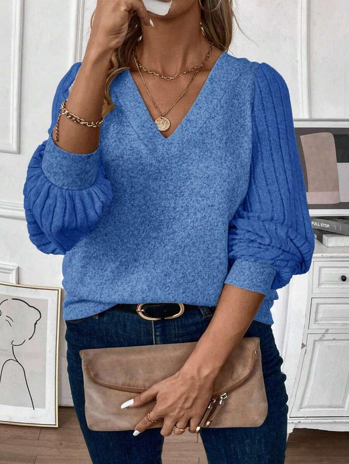 Plus Size V Neck T Shirt With Warm Lining And Bishop Sleeve