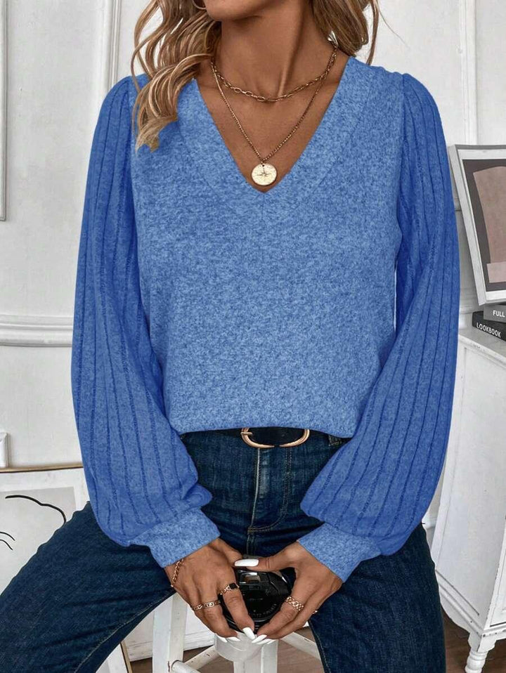 Plus Size V Neck T Shirt With Warm Lining And Bishop Sleeve