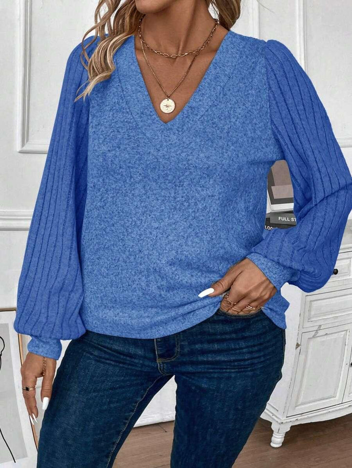 Plus Size V Neck T Shirt With Warm Lining And Bishop Sleeve