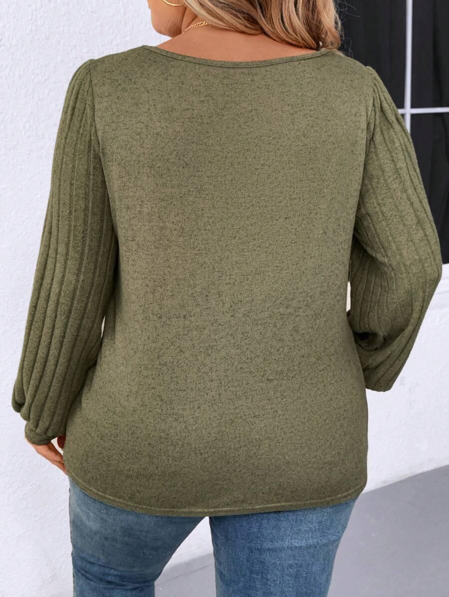 Plus Size V Neck T Shirt With Warm Lining And Bishop Sleeve