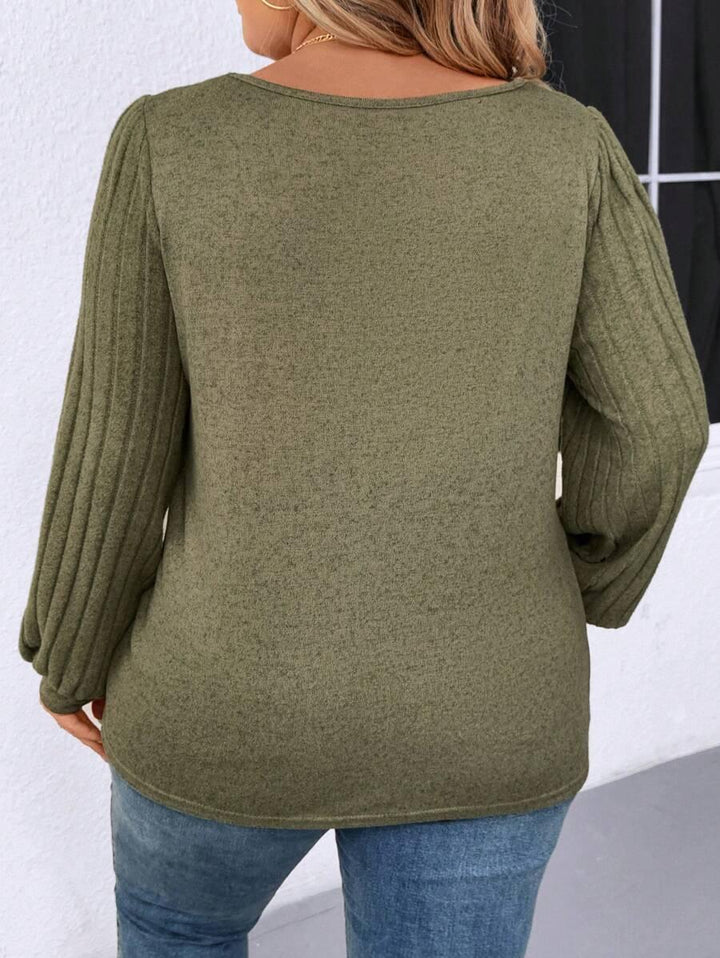 Plus Size V Neck T Shirt With Warm Lining And Bishop Sleeve