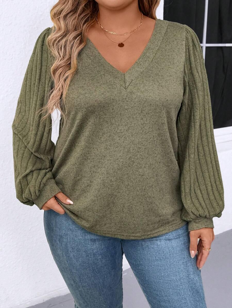 Plus Size V Neck T Shirt With Warm Lining And Bishop Sleeve