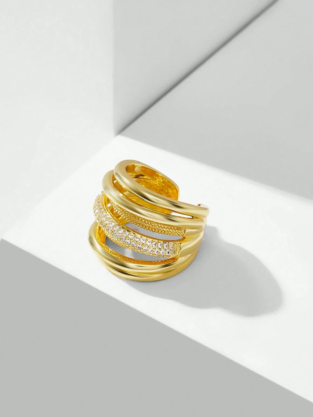 Rhinestone Layered Ring Sparkling Gold Tone Copper