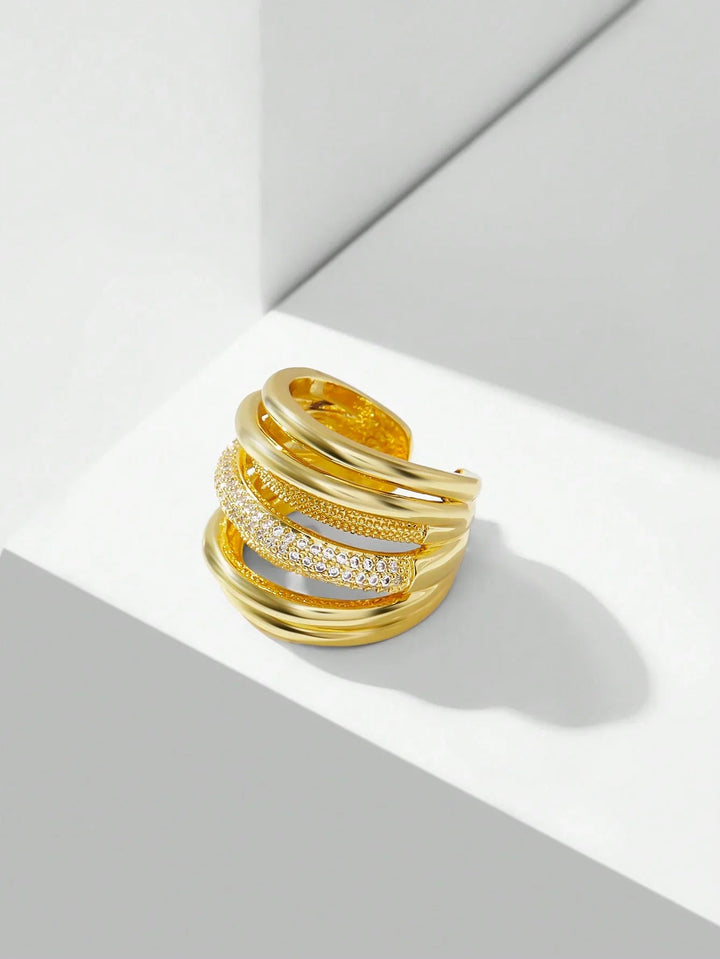 Rhinestone Layered Ring Sparkling Gold Tone Copper