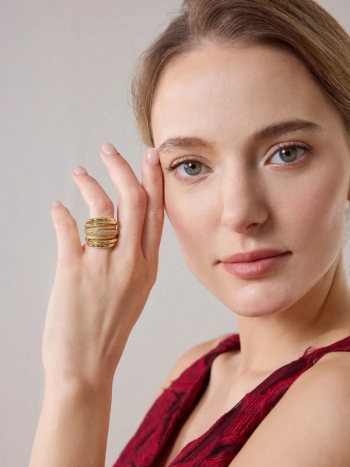 Rhinestone Layered Ring Sparkling Gold Tone Copper