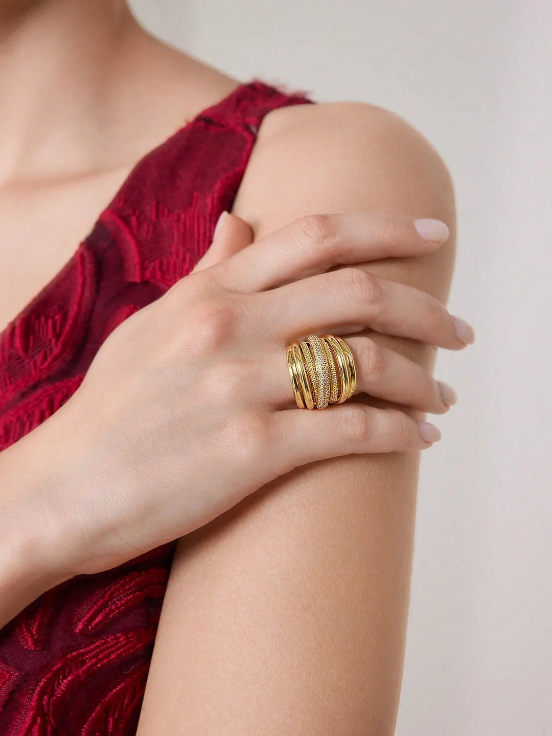 Rhinestone Layered Ring Sparkling Gold Tone Copper