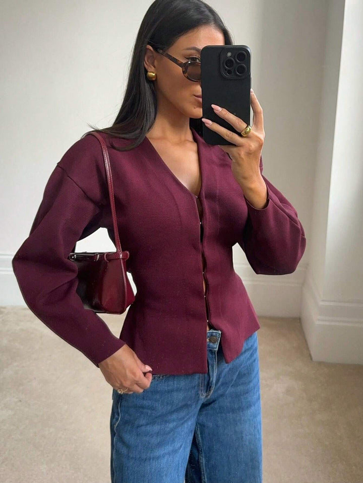 Bordeaux Cinch Button-Up Knit Top