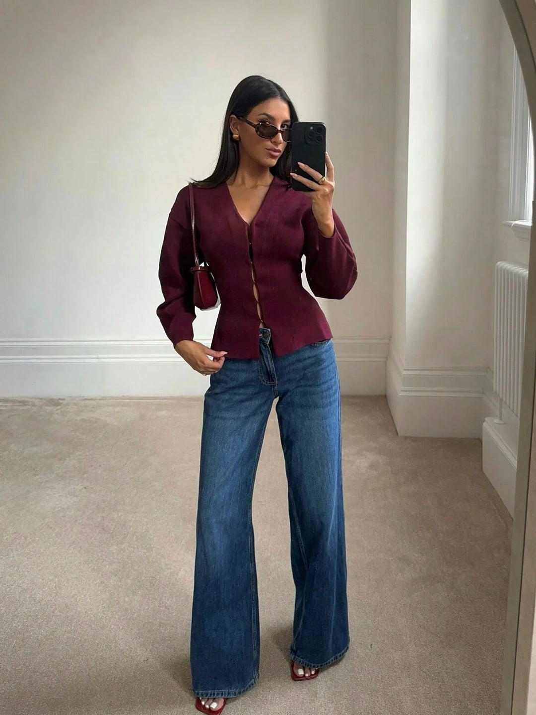 Bordeaux Cinch Button-Up Knit Top