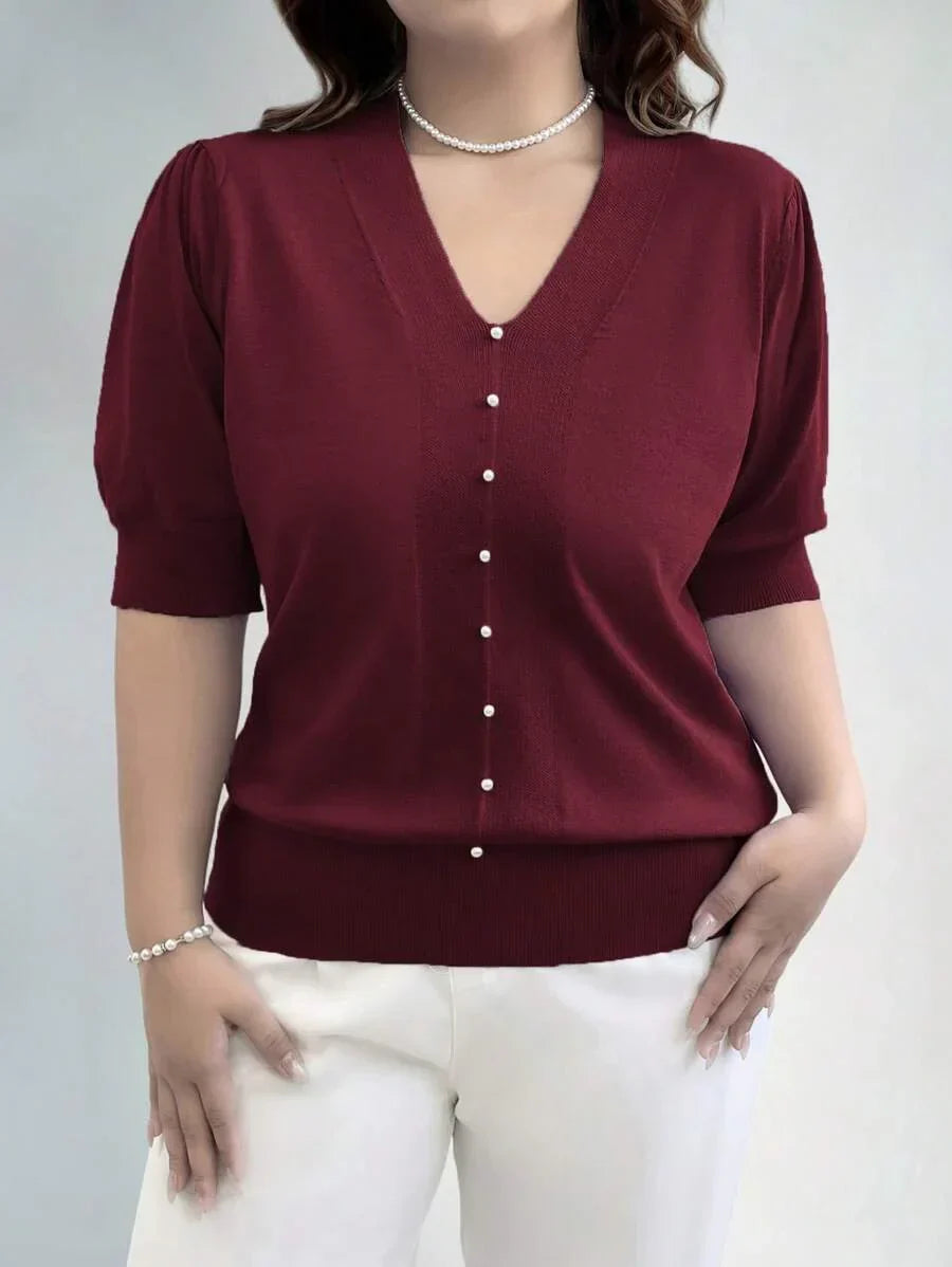 Plus Size V Neck Puff Sleeve Solid Knit Pullover Sweater
