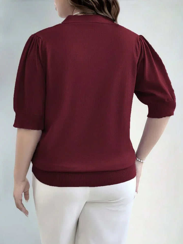 Plus Size V Neck Puff Sleeve Solid Knit Pullover Sweater