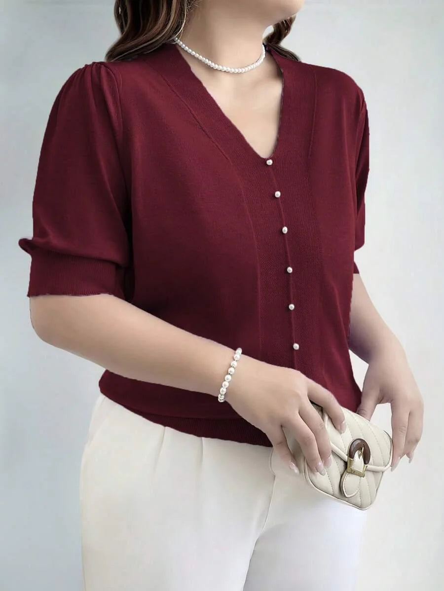 Plus Size V Neck Puff Sleeve Solid Knit Pullover Sweater