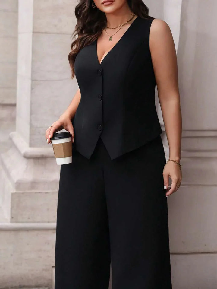 Plus Size Waistcoat And Pants Suit Set Elegant Black