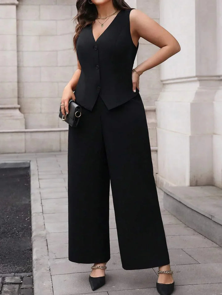Plus Size Waistcoat And Pants Suit Set Elegant Black