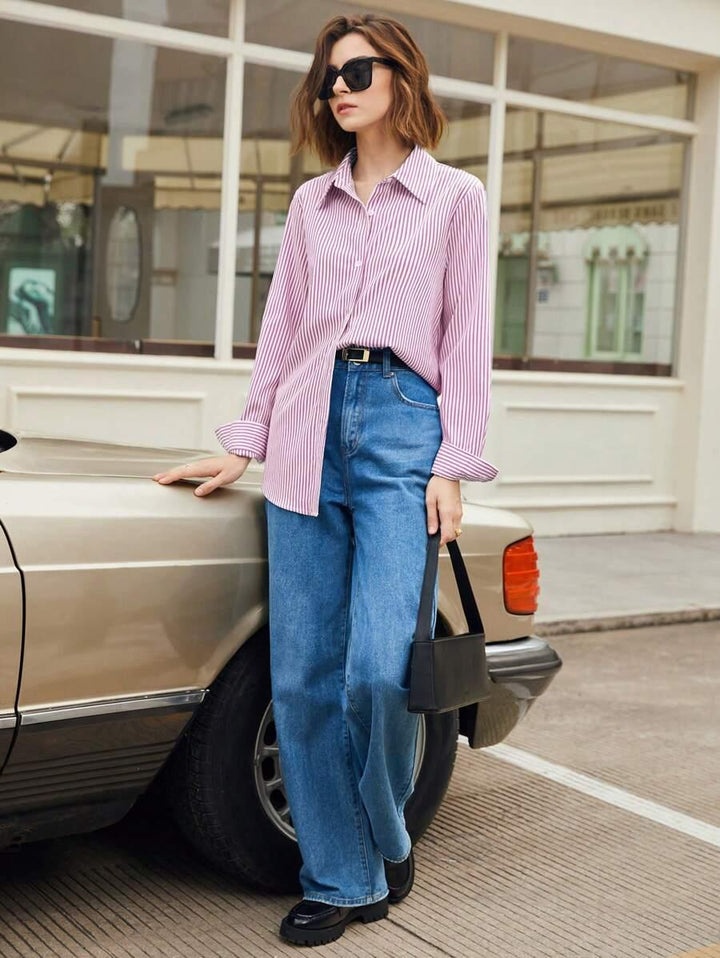 Button Down Shirt With Striped Pattern Casual Comfort