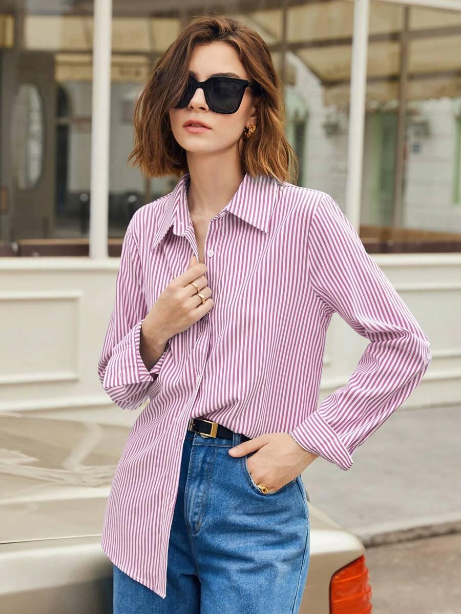 Button Down Shirt With Striped Pattern Casual Comfort