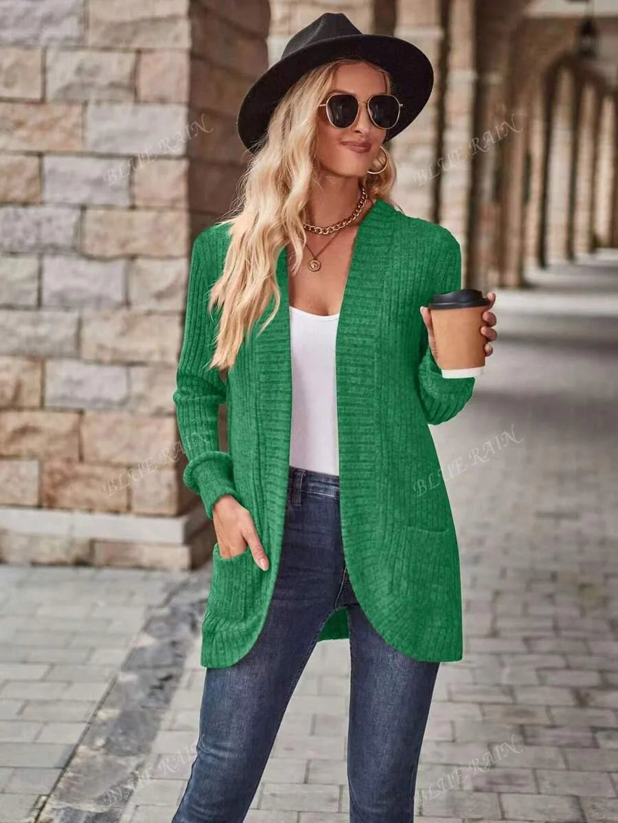 Plus Size Solid Color Knit Cardigan With Pockets Soft Cozy