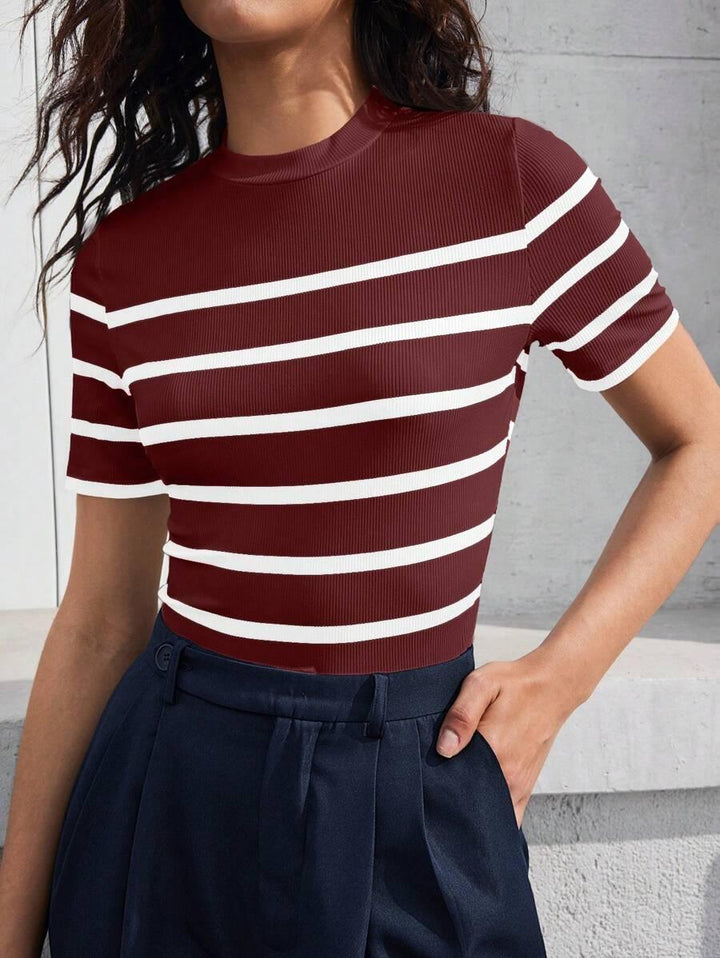 Striped Mock Neck Fitted Top Chic Office Ready Style