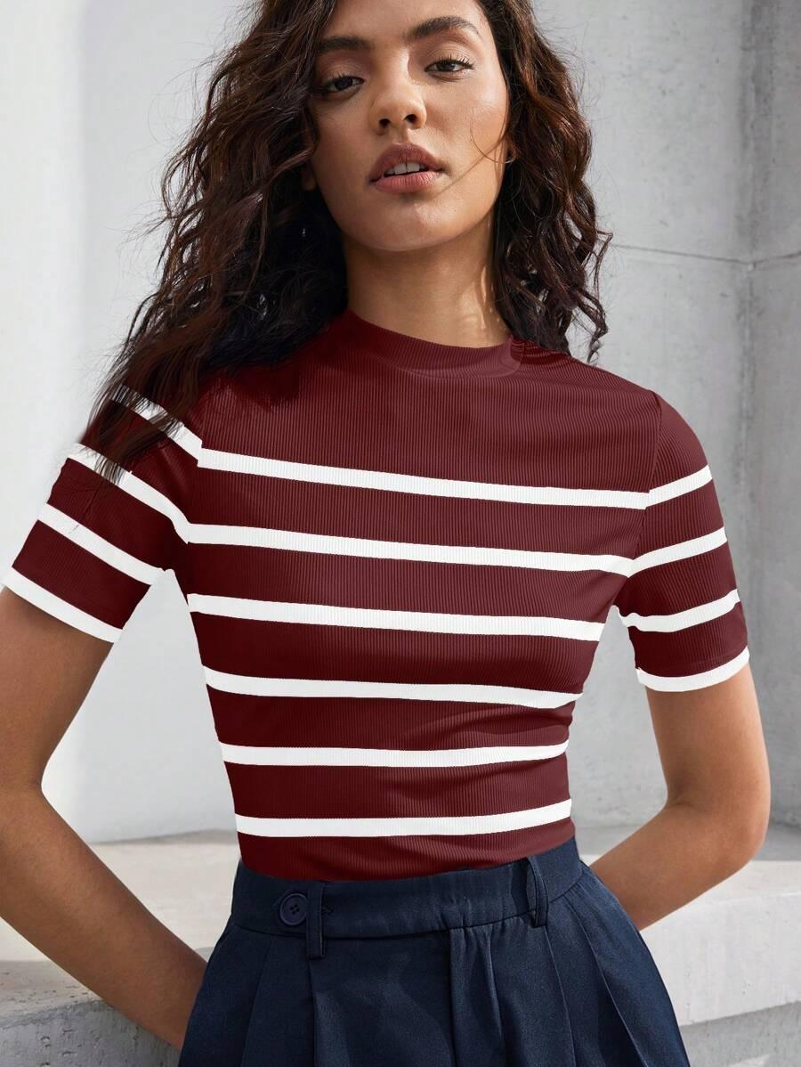 Striped Mock Neck Fitted Top Chic Office Ready Style