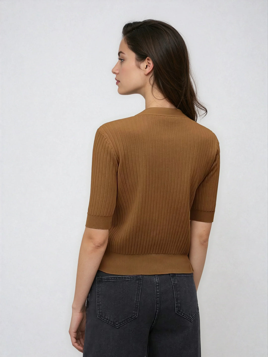 Chic V Neck Knit Sweater With Button Front Short Sleeve