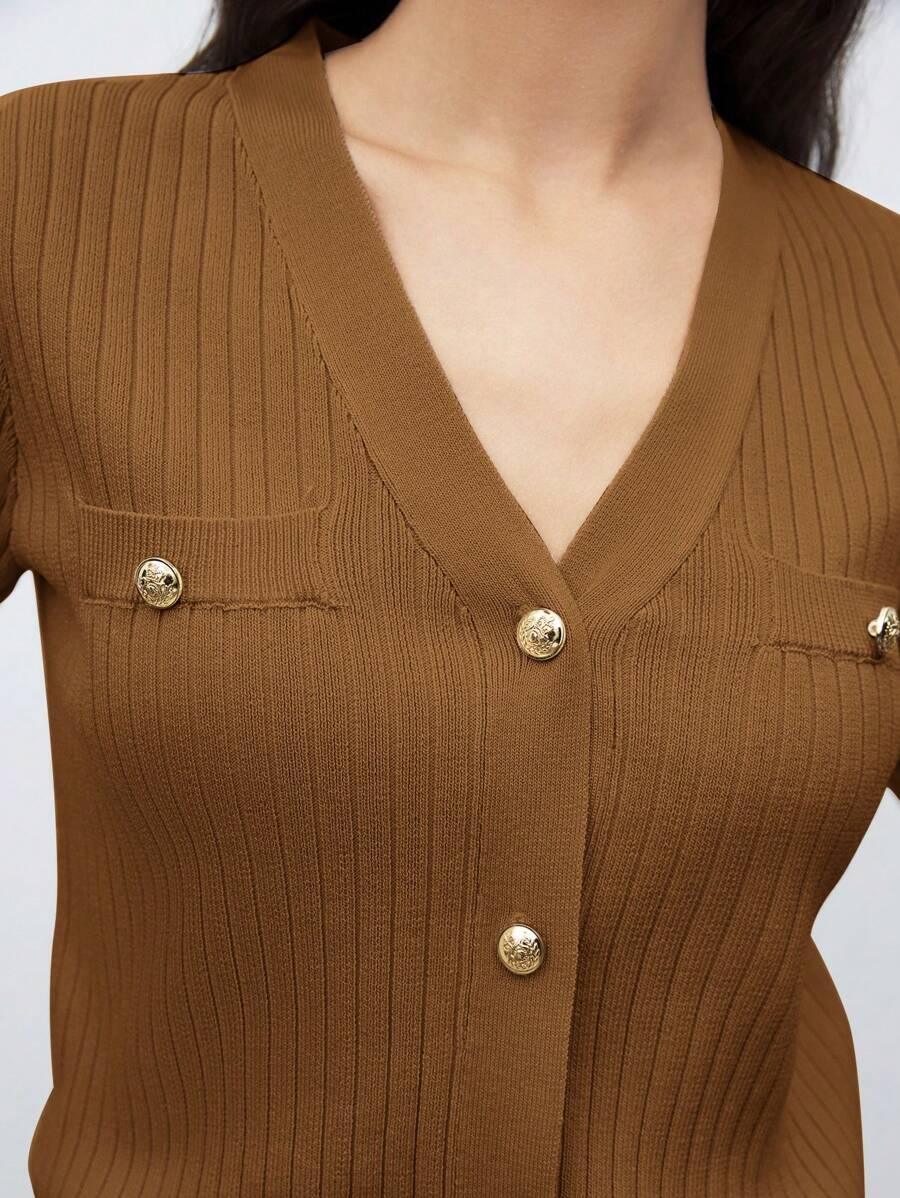 Chic V Neck Knit Sweater With Button Front Short Sleeve