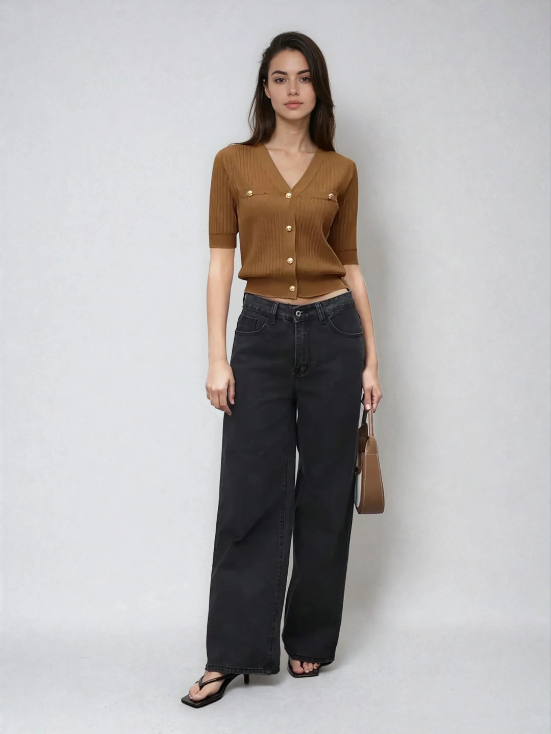 Chic V Neck Knit Sweater With Button Front Short Sleeve