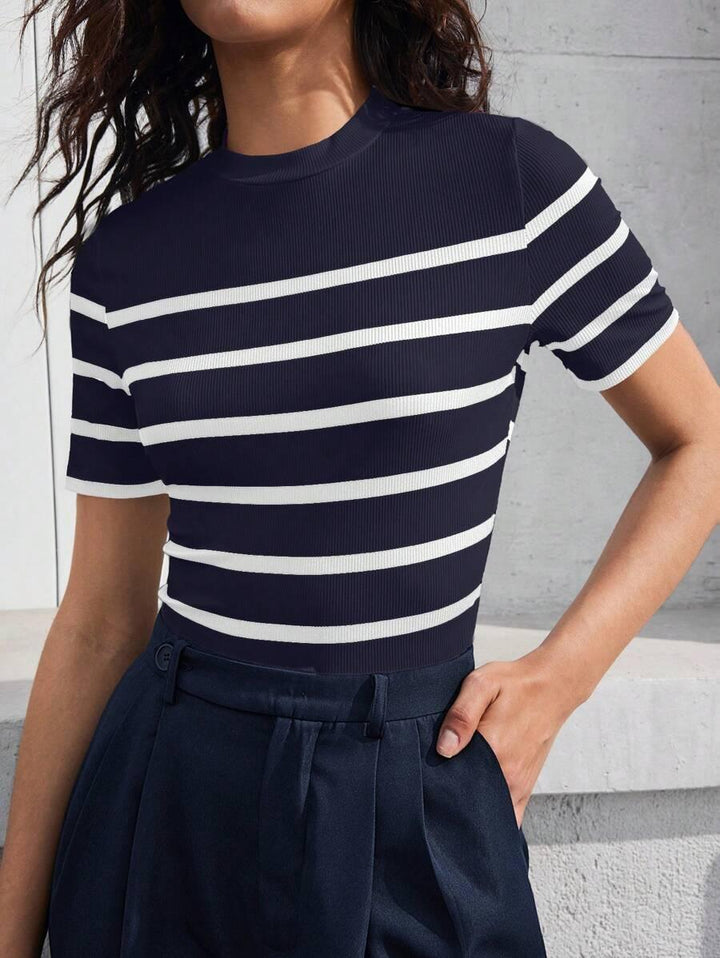Striped Mock Neck Fitted Top Chic Office Ready Style