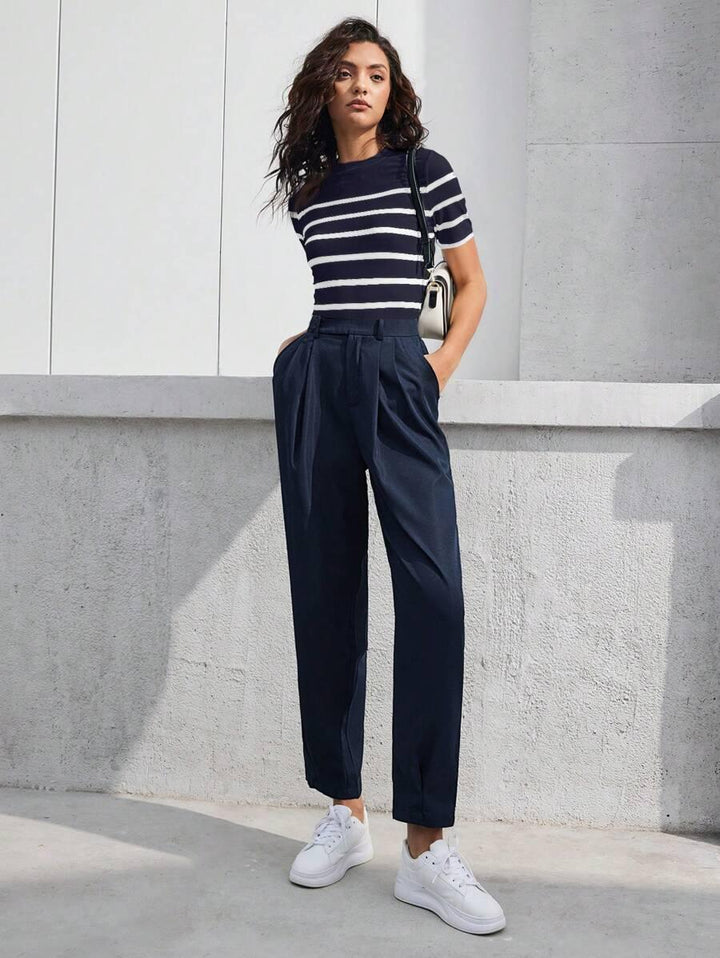 Striped Mock Neck Fitted Top Chic Office Ready Style