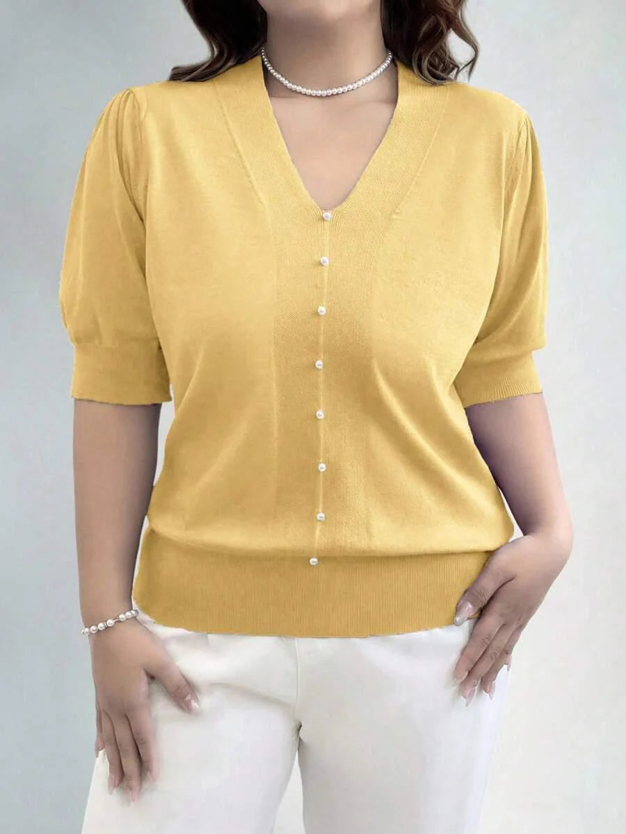Plus Size V Neck Puff Sleeve Solid Knit Pullover Sweater