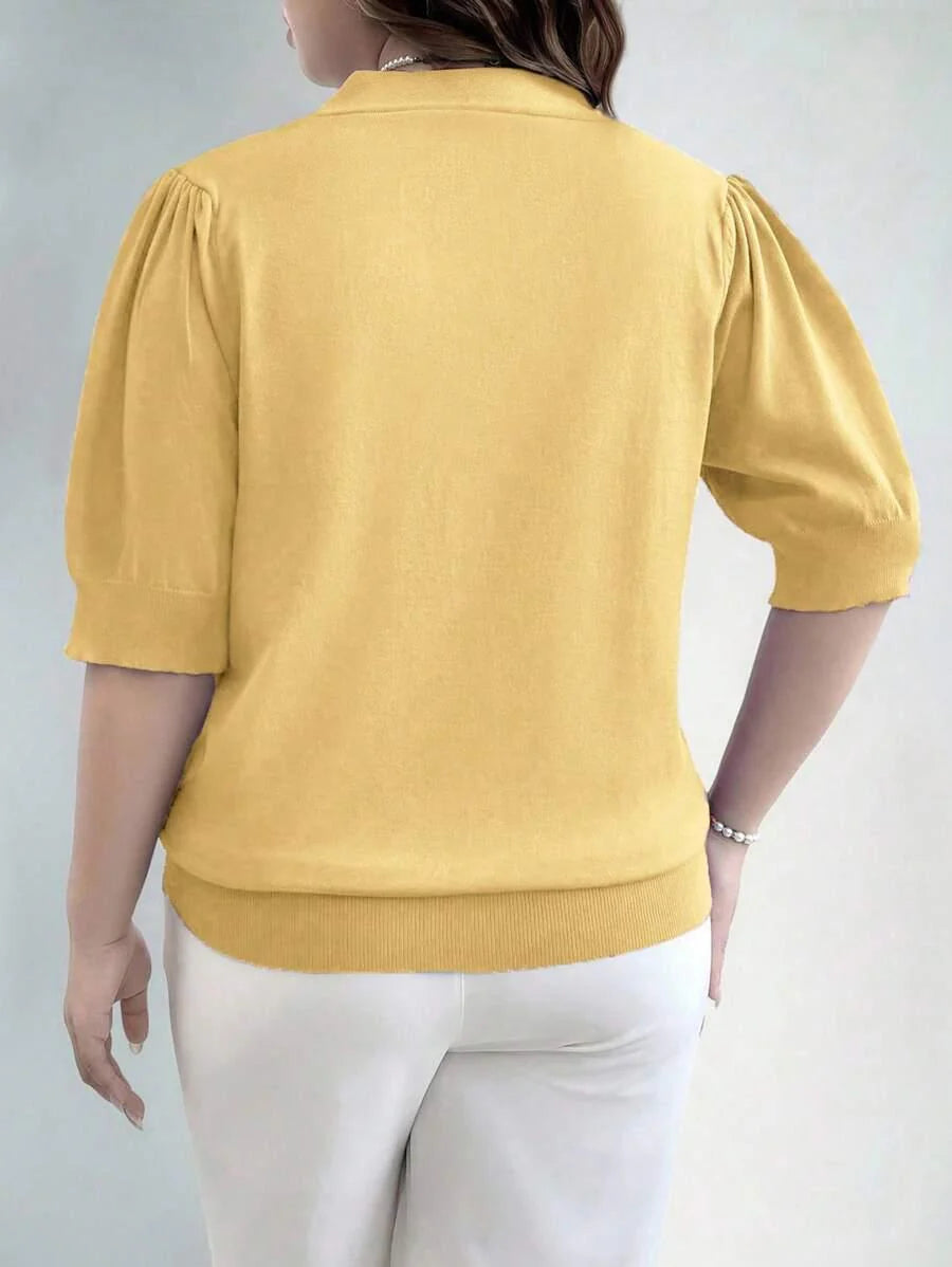 Plus Size V Neck Puff Sleeve Solid Knit Pullover Sweater