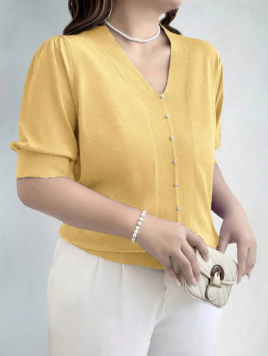 Plus Size V Neck Puff Sleeve Solid Knit Pullover Sweater