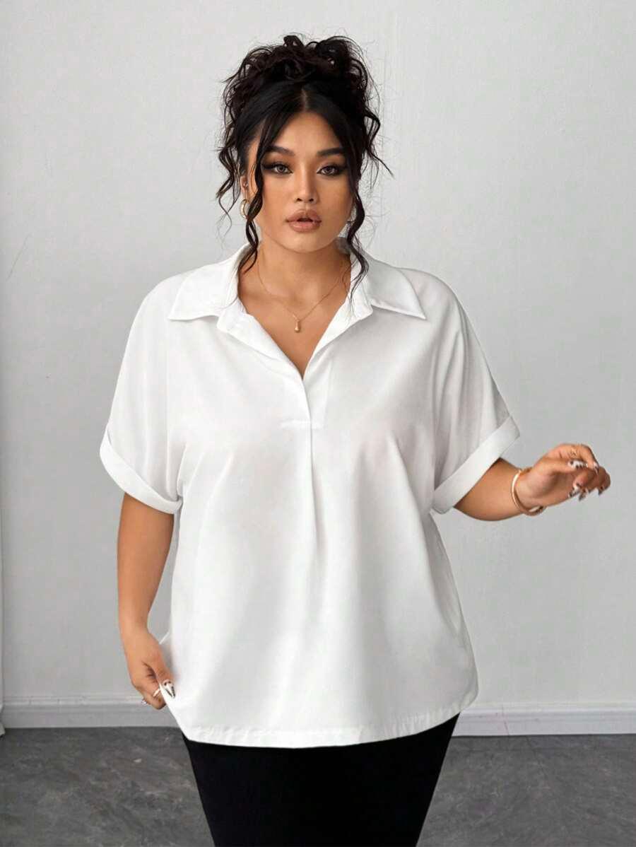Batwing Sleeve Button Front Shirt Plus Size Casual Top