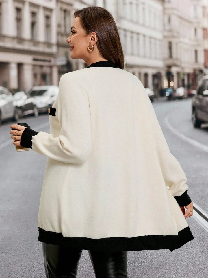 Plus Size Colorblock Knitted Cardigan With Metal Buttons