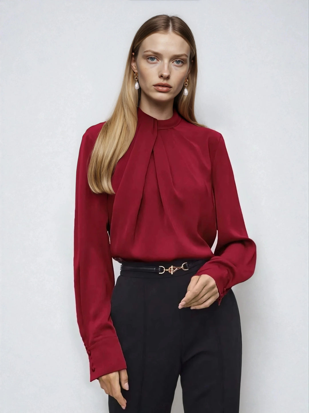 Asymmetric Ruched Stand Collar Top Versatile Office Wear