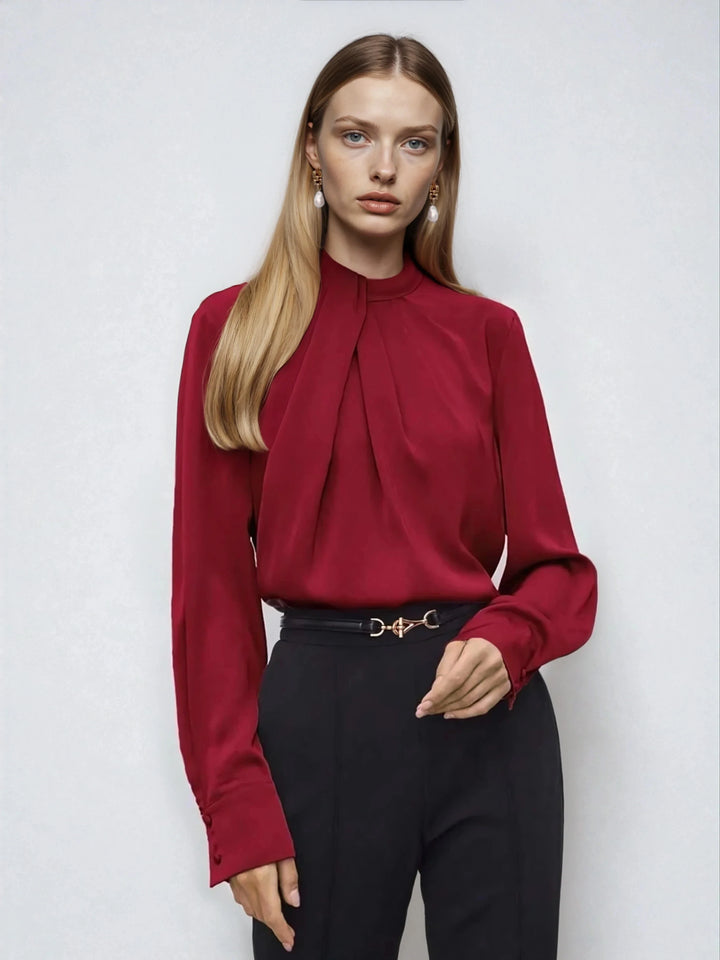 Asymmetric Ruched Stand Collar Top Versatile Office Wear