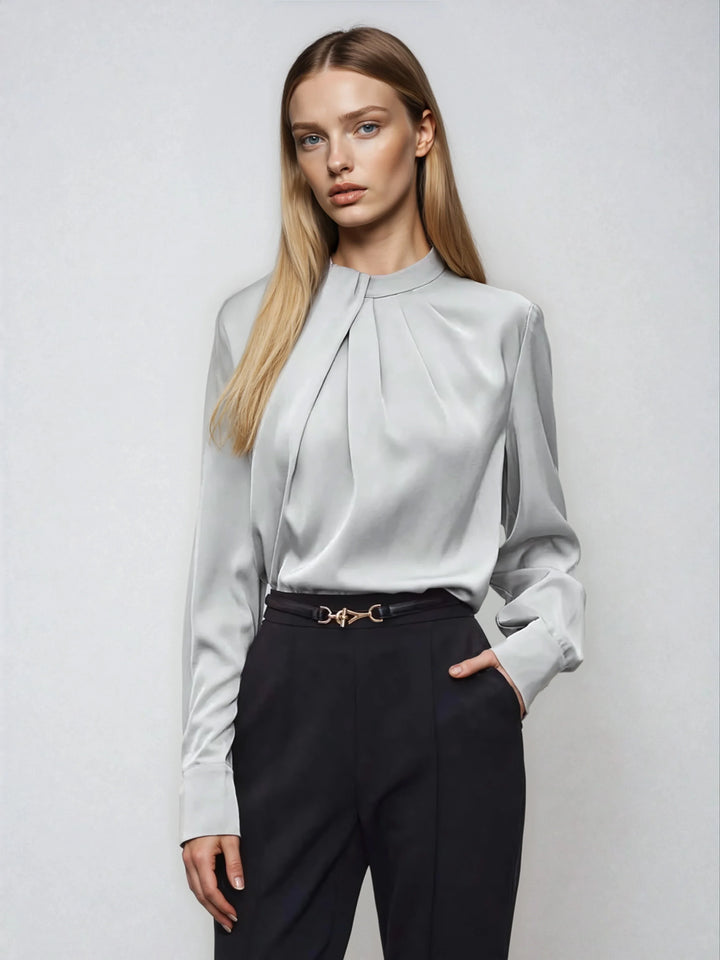 Asymmetric Ruched Stand Collar Top Versatile Office Wear