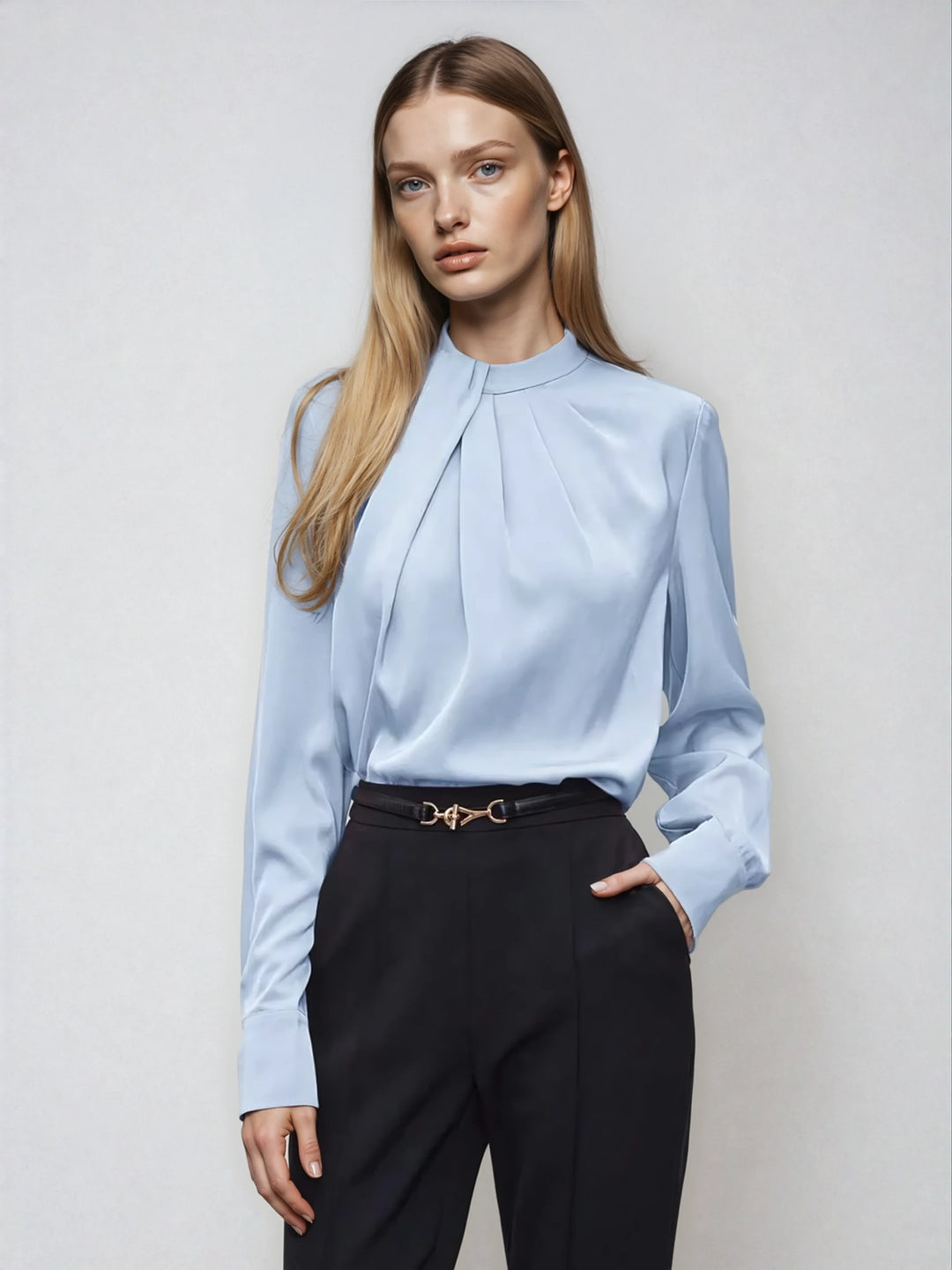 Asymmetric Ruched Stand Collar Top Versatile Office Wear