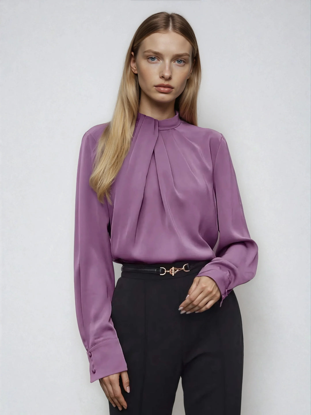 Asymmetric Ruched Stand Collar Top Versatile Office Wear