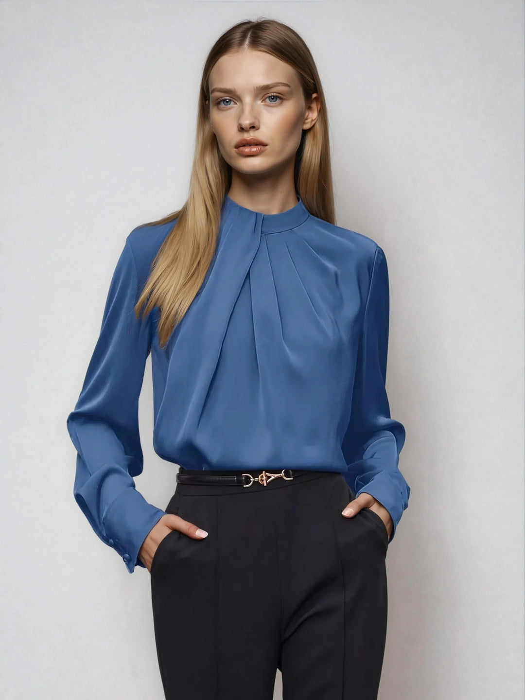 Asymmetric Ruched Stand Collar Top Versatile Office Wear